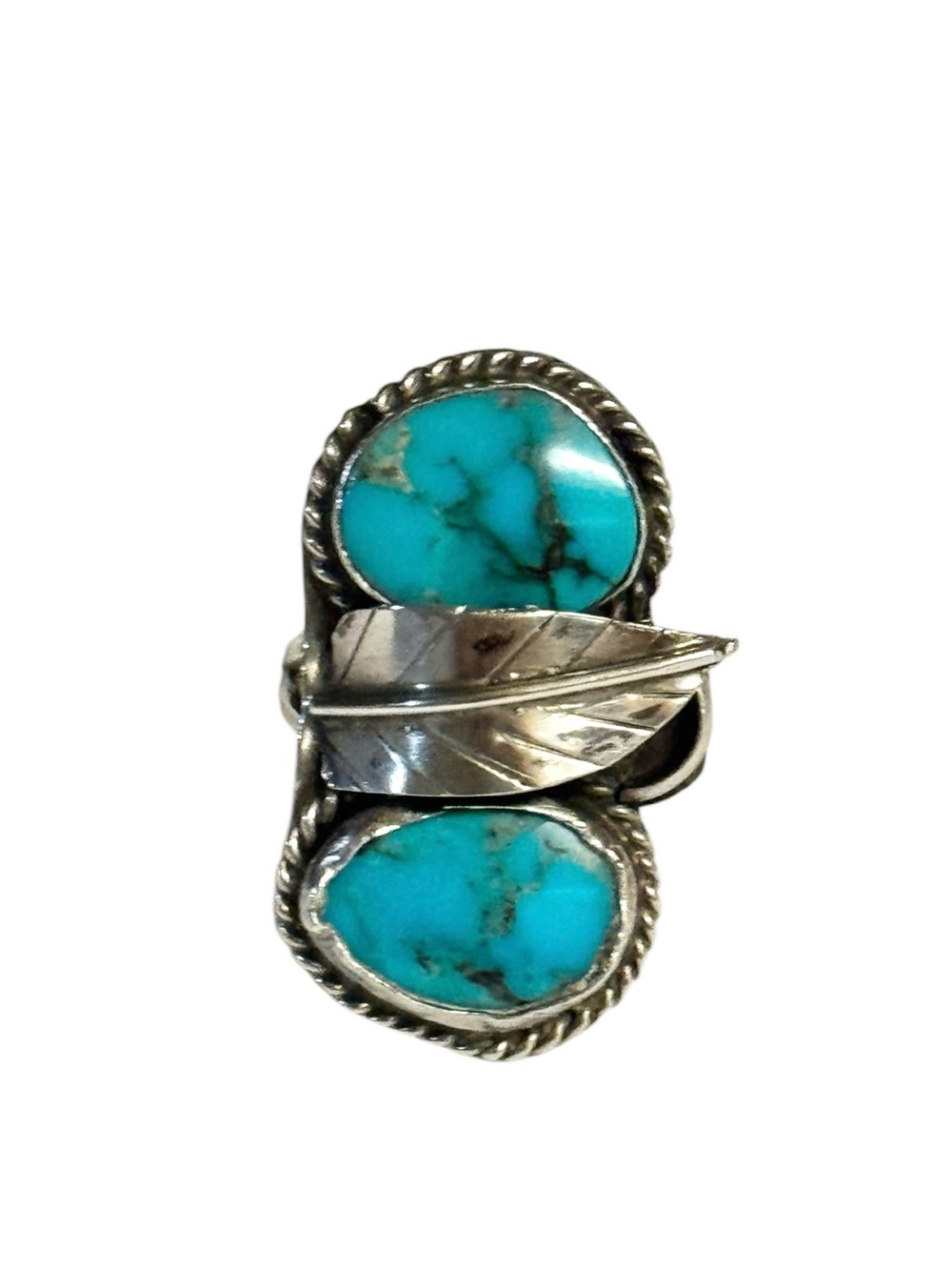 60’s Navajo Made Morenci Turquoise & Sterling Silver Split-Stone Ring Sz 5.5
